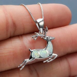 NEW SILVER CUTE DEER WHITE OPAL  NECKLACE